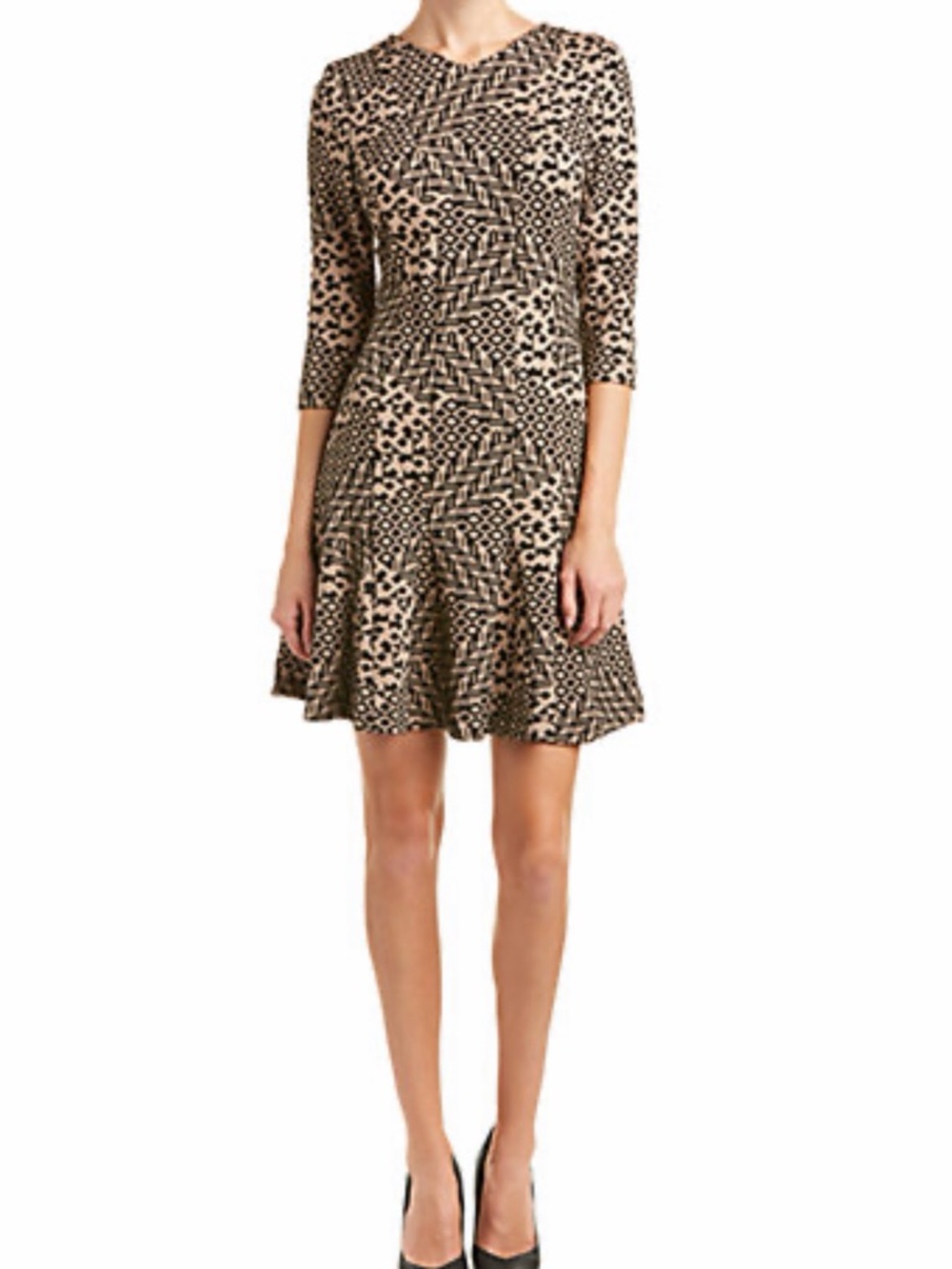 Taylor Caramel and Black Long Sleeve Geometric A-Line Dress